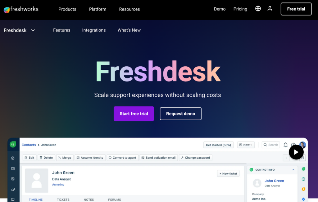 Homepage sistemului de ticketing suport Freshdesk