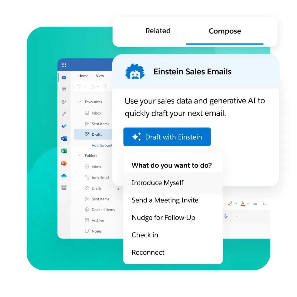 Interfața Salesforce Einstein Sales Emails care arată opțiuni de redactare a e-mailurilor alimentate de AI.