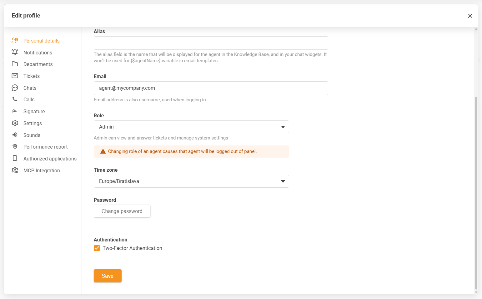 Setări fus orar profil agent LiveAgent