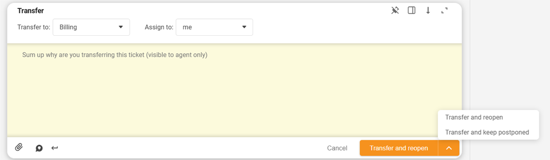Dialog de transfer tichet LiveAgent cu noul buton expandabil redeschidere/amânare