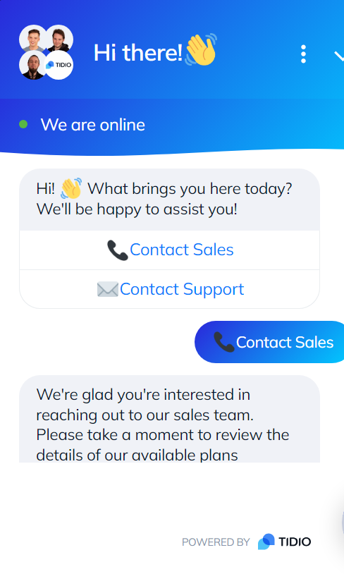 Imagine a conversației de chat live între chatbot-ul Tidio și un client