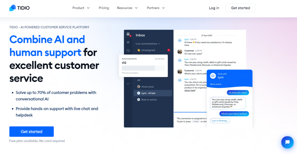 Pagina de start Tidio - software live chat ecommerce pentru creștere