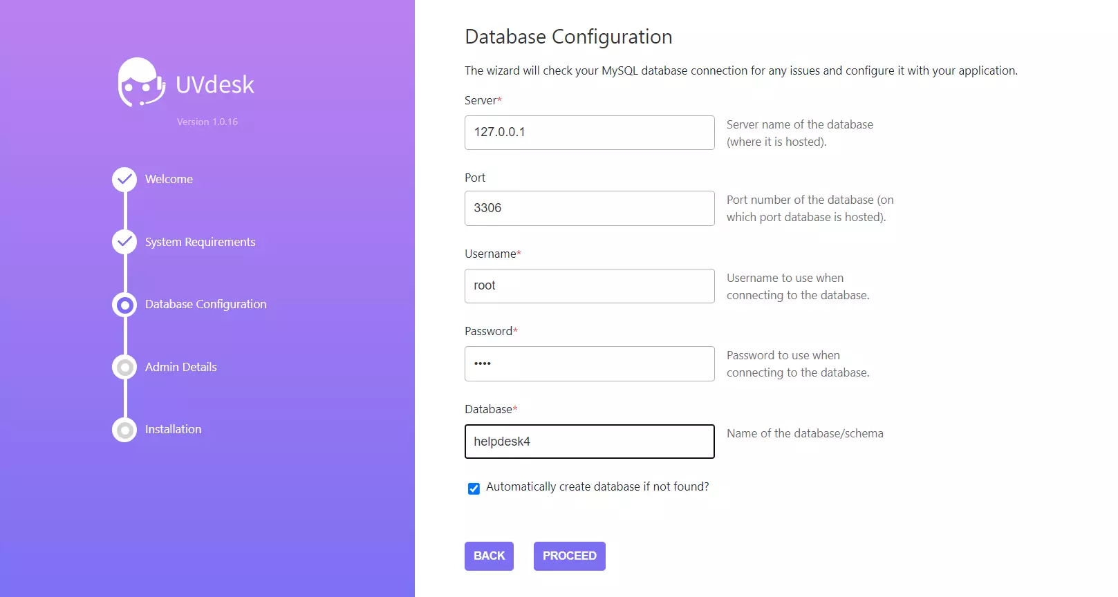 Un exemplu al asistentului de instalare al UVdesk