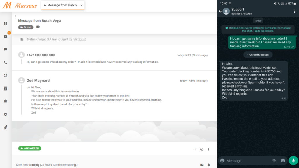 Mesaj WhatsApp afișat ca tichet în LiveAgent