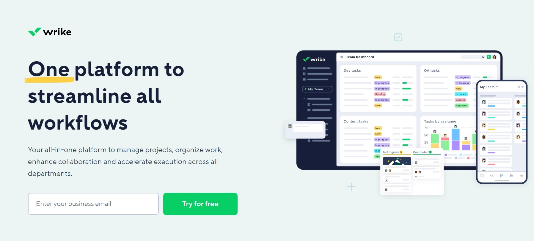Pagina de start a Wrike - o platformă all-in-one pentru gestionarea proiectelor, organizarea muncii și îmbunătățirea colaborării în departamente.