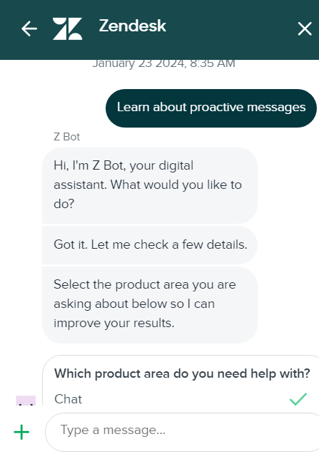 Imaginea arată cum arată conversația de chat live Zendesk