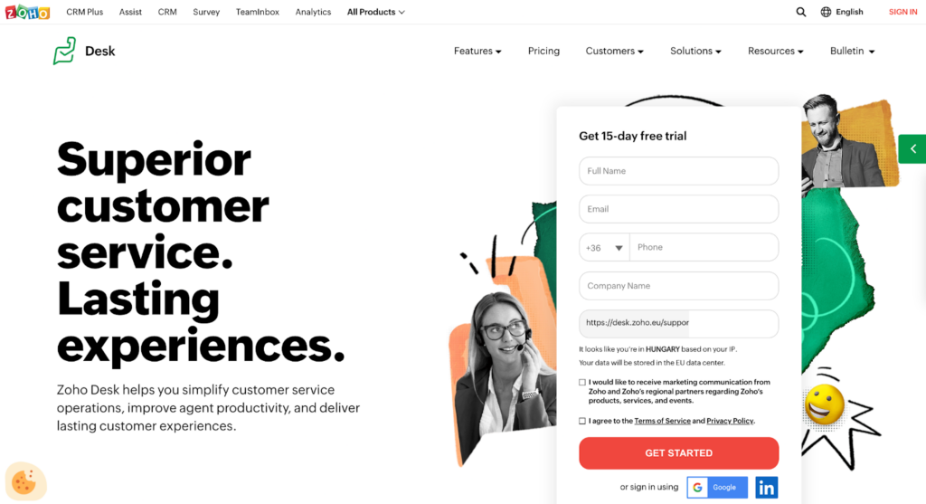Homepage sistemului de ticketing Zoho Desk