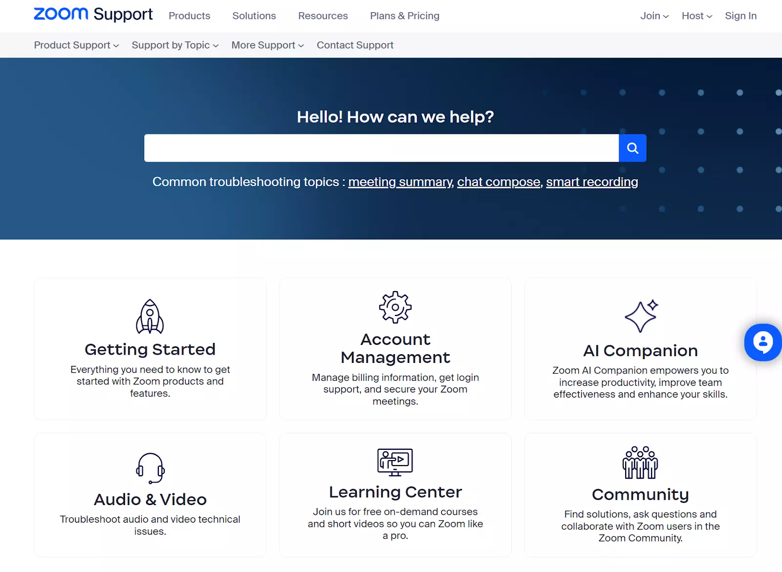 Pagina bazei de cunoștințe Zoom