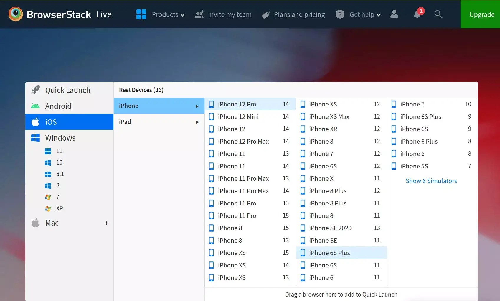 BrowserStack simulează multe platforme mobile și versiuni de sisteme de operare