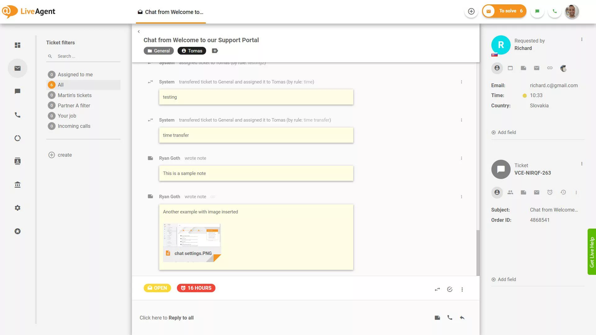 Notițe în interiorul tichetului în LiveAgent