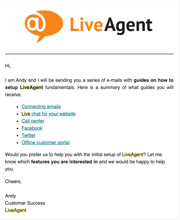 E-mail de onboarding LiveAgent