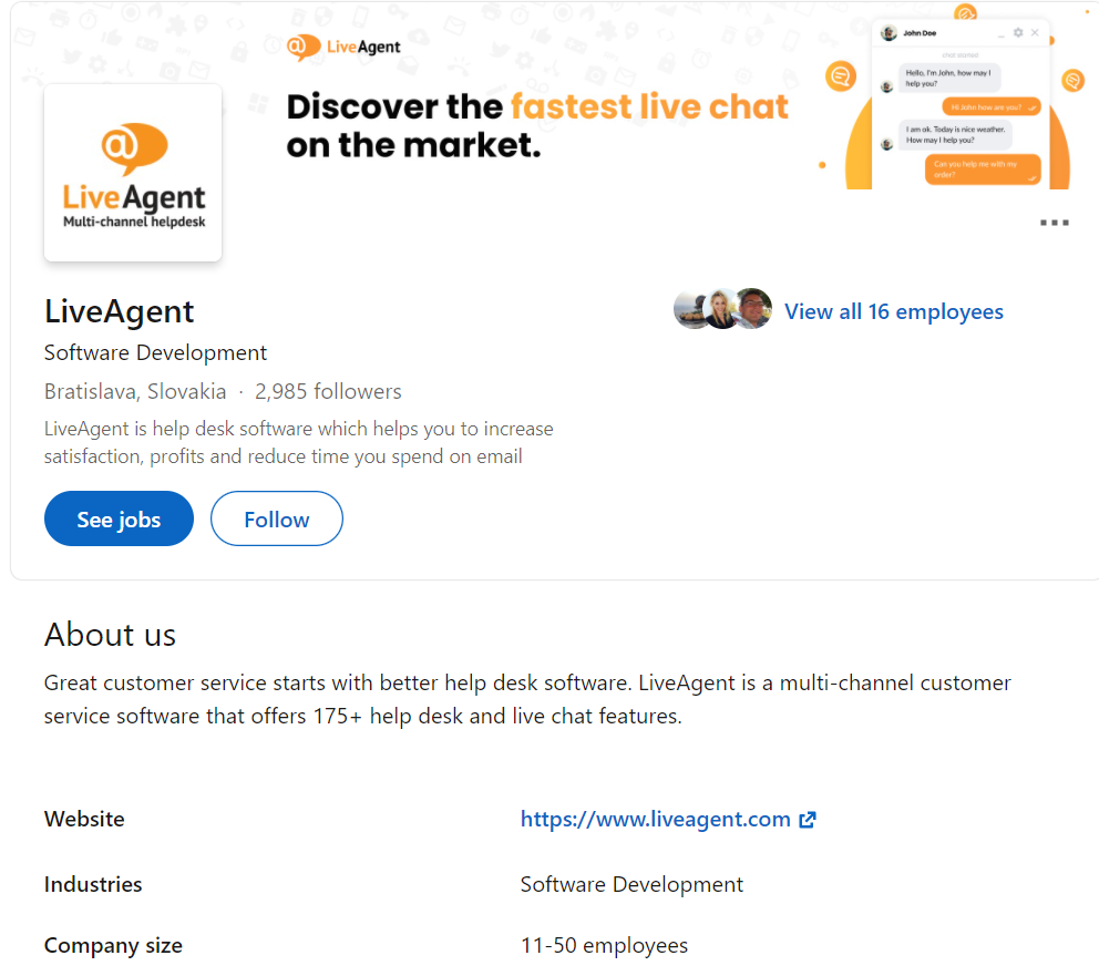 Profilul LinkedIn al LiveAgent