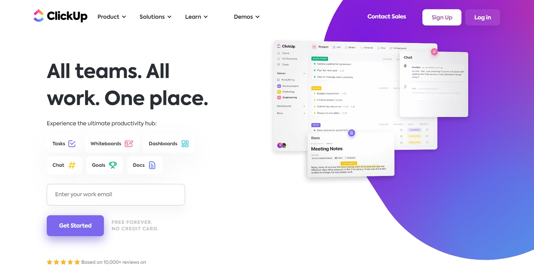 Pagina de start a ClickUp - planificați, urmăriți și gestionați cu ușurință proiectele dintr-un singur loc.