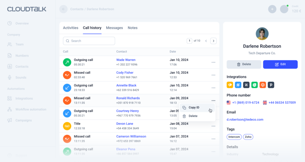 Interfața utilizator CloudTalk