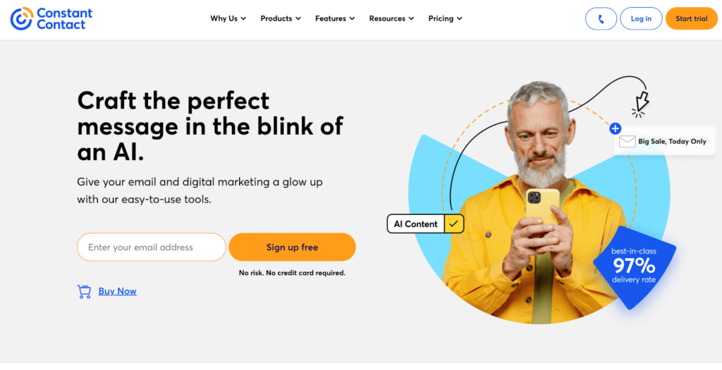 Pagina de pornire Constant Contact, software de marketing și gestionare a e-mailurilor
