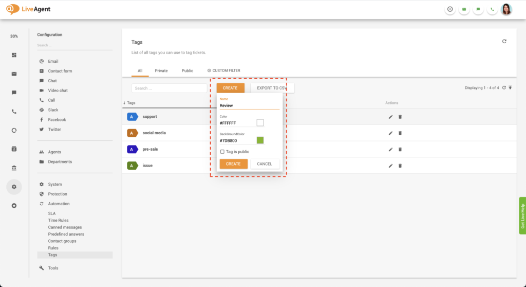 Crearea etichetelor personalizate în LiveAgent