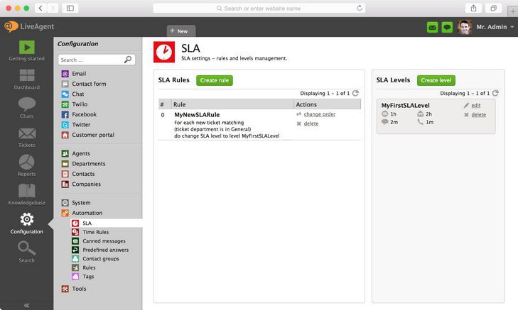 Imaginea arată unde să găsești setările SLA în LiveAgent