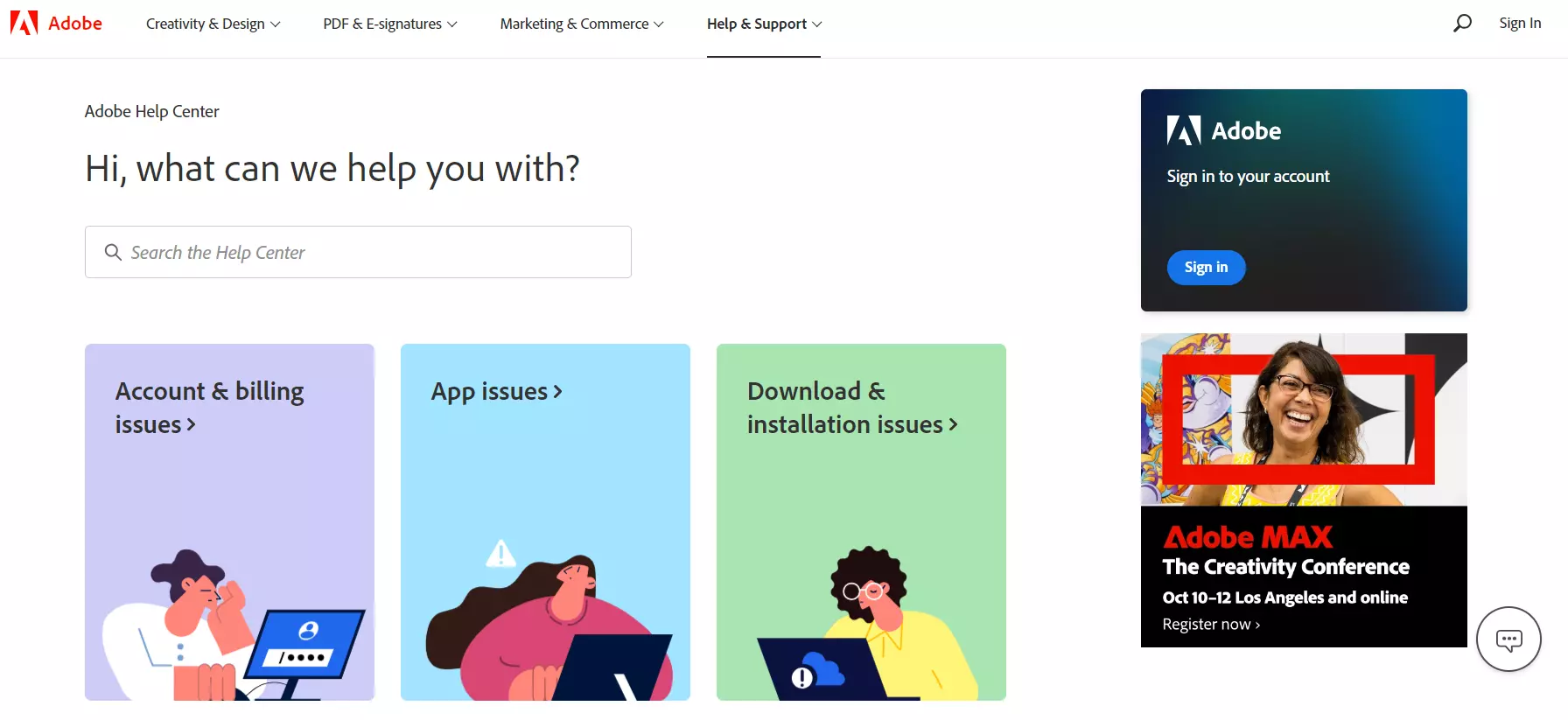 Pagina de destinație a bazei de cunoștințe Adobe, prezentând sistemul lor de managementul cunoștințelor.