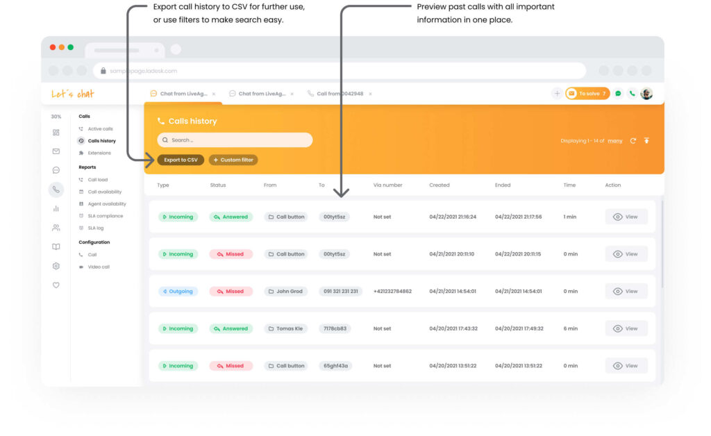 Caracteristica istoricului apelurilor în Call Center LiveAgent