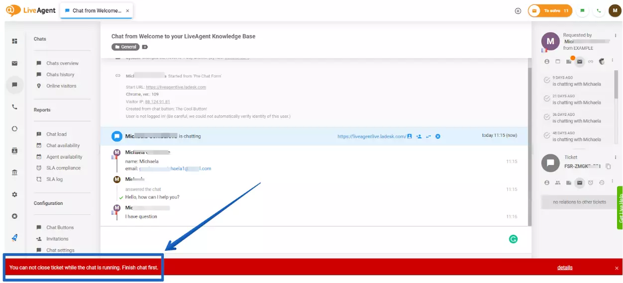 LiveAgent - avertisment chat nerezolvat