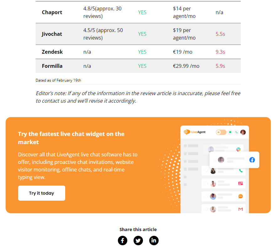 CTA-ul LiveAgent la sfârșitul conținutului