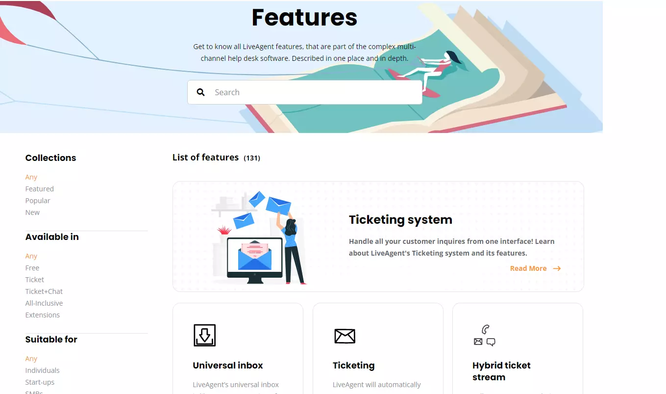 Pagina de caracteristici LiveAgent