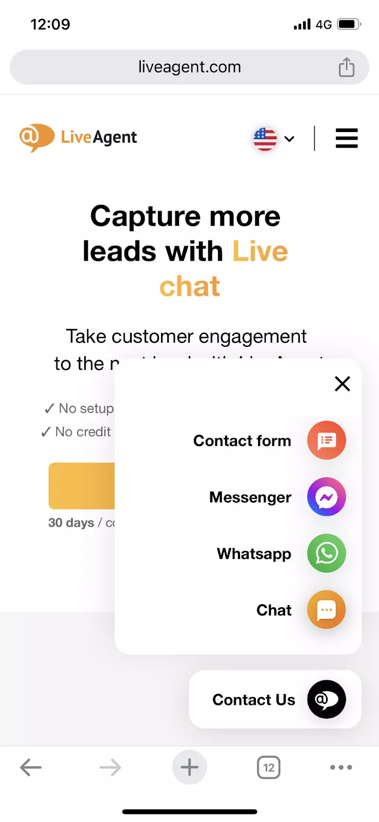Widget de chat live LiveAgent pe mobil arătând mai multe canale