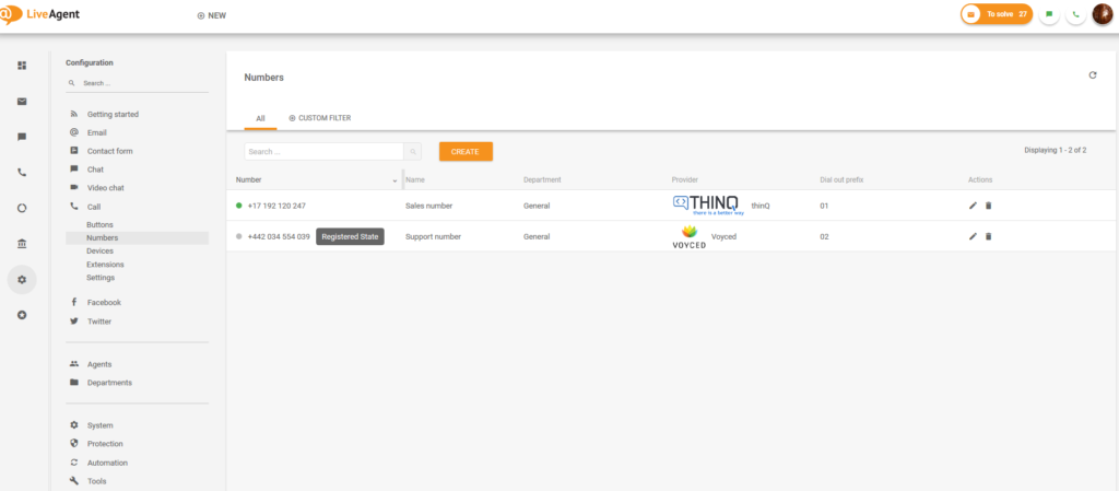 Configurarea numerelor LiveAgent