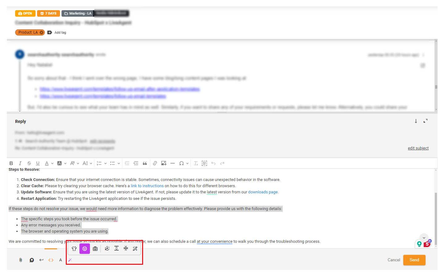Imagine a caracteristicii AI Assistant evidențiate în biletul de suport