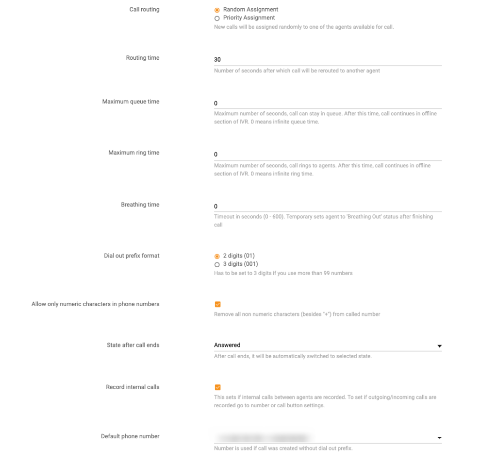 Setări apel LiveAgent