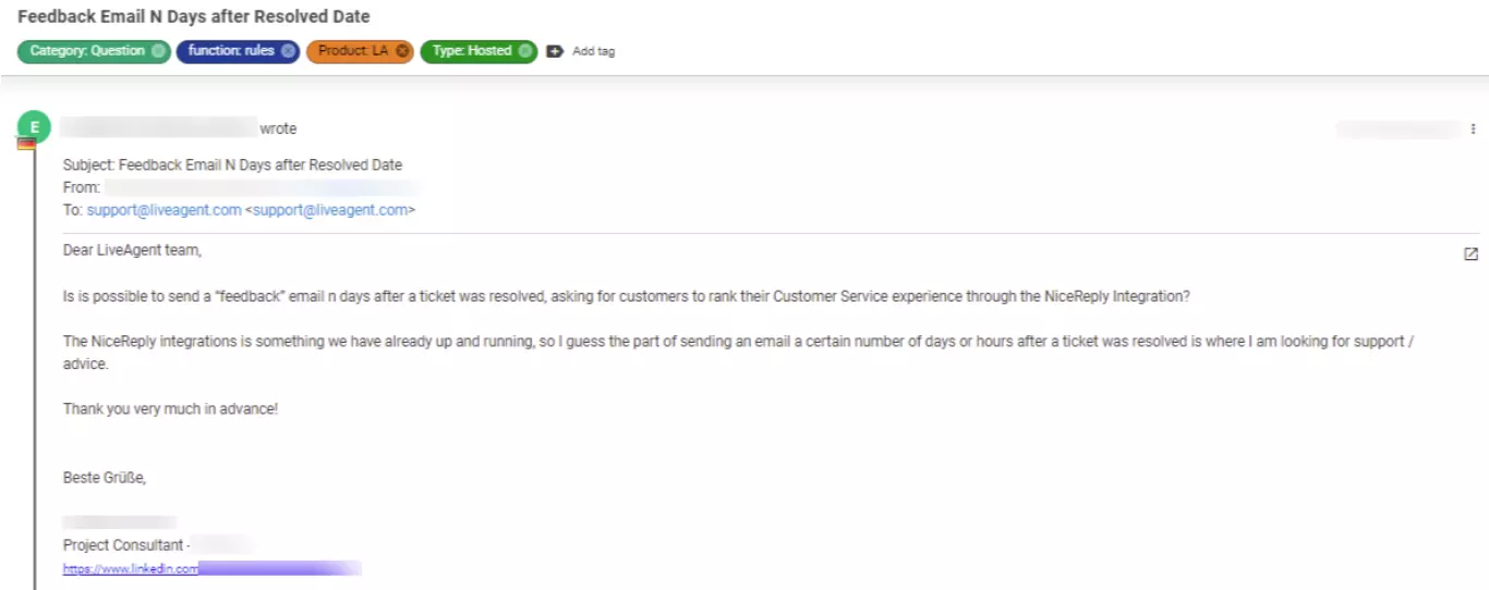 Captură de ecran a unui bilet care arată o problemă a clientului care este considerată prioritate scăzută.