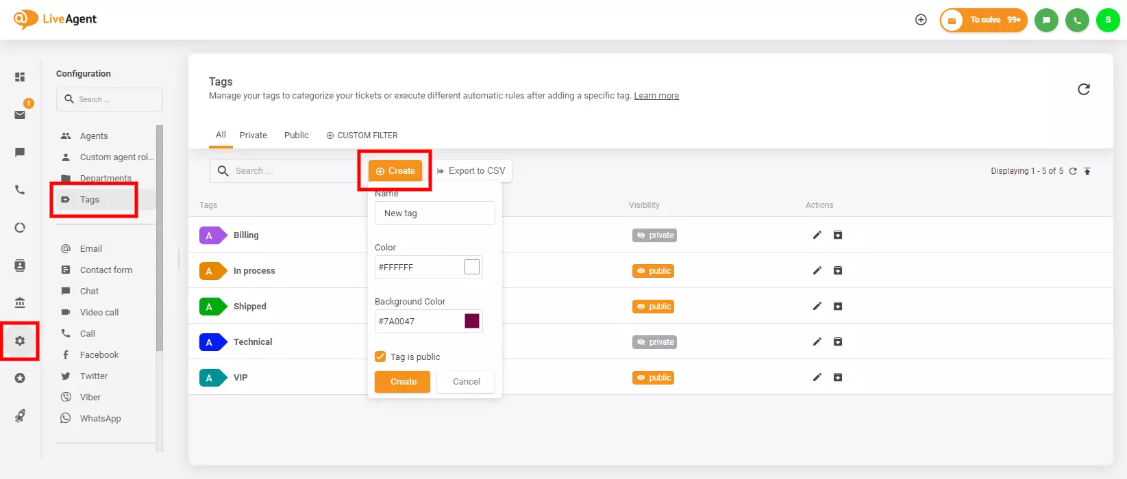 Imaginea arată unde să găsești și să creezi etichete în LiveAgent