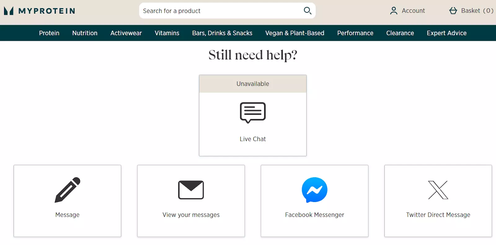 Pagina de suport MyProtein cu canale de comunicare