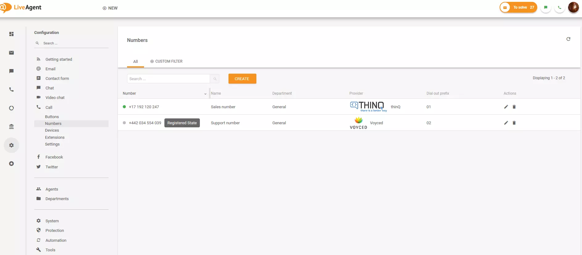 Secțiunea Numere în LiveAgent