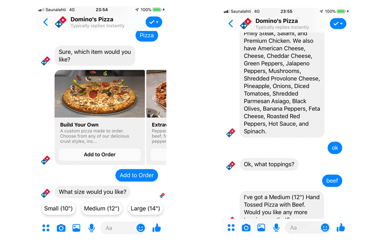 Continuarea procesului de comandă chat live Domino's Pizza