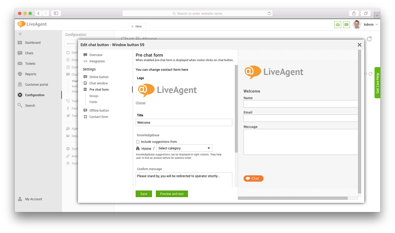 Fereastra formularului pre-chat cu câmpuri și previzualizare