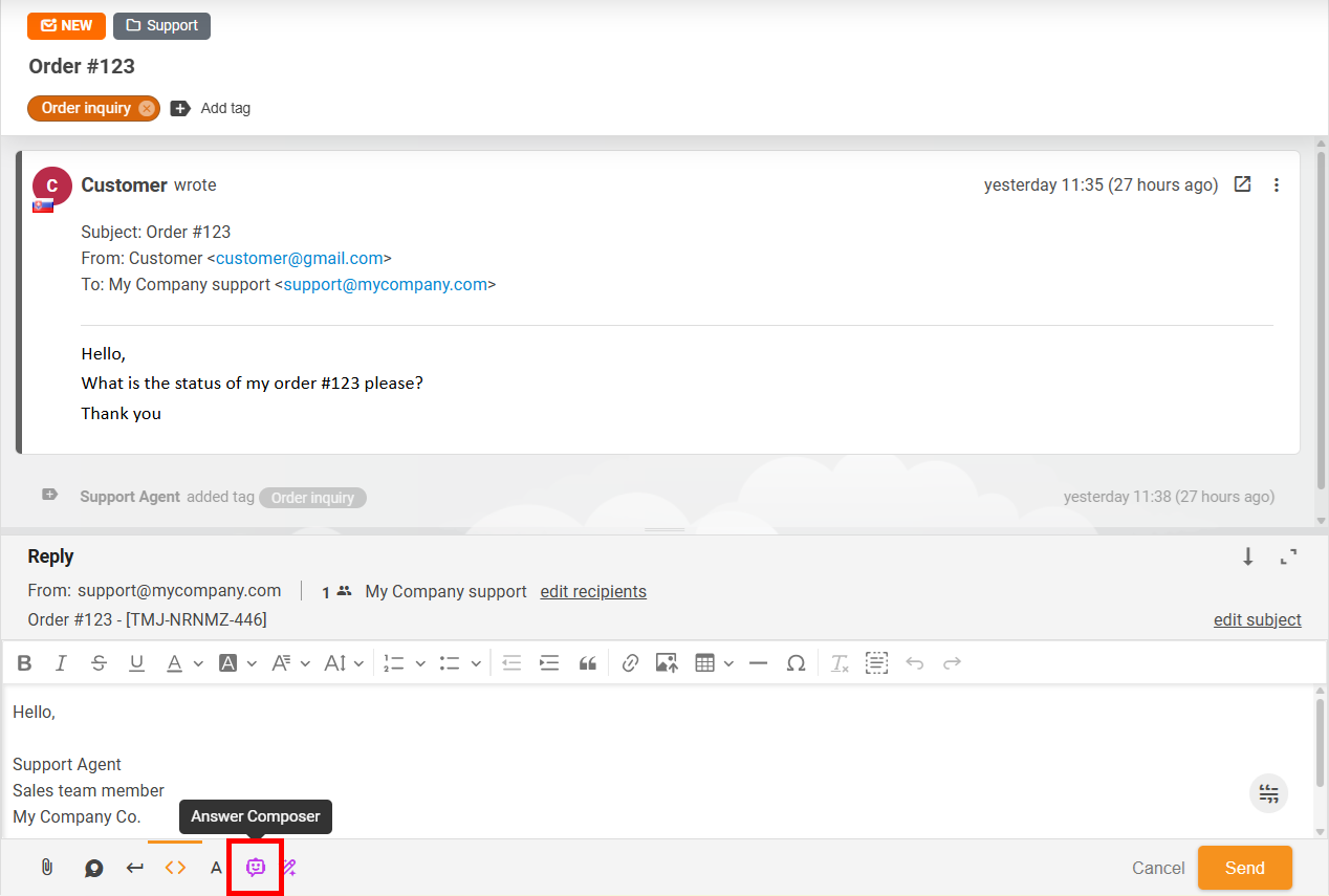 Agent AI care redactează un răspuns la tichet