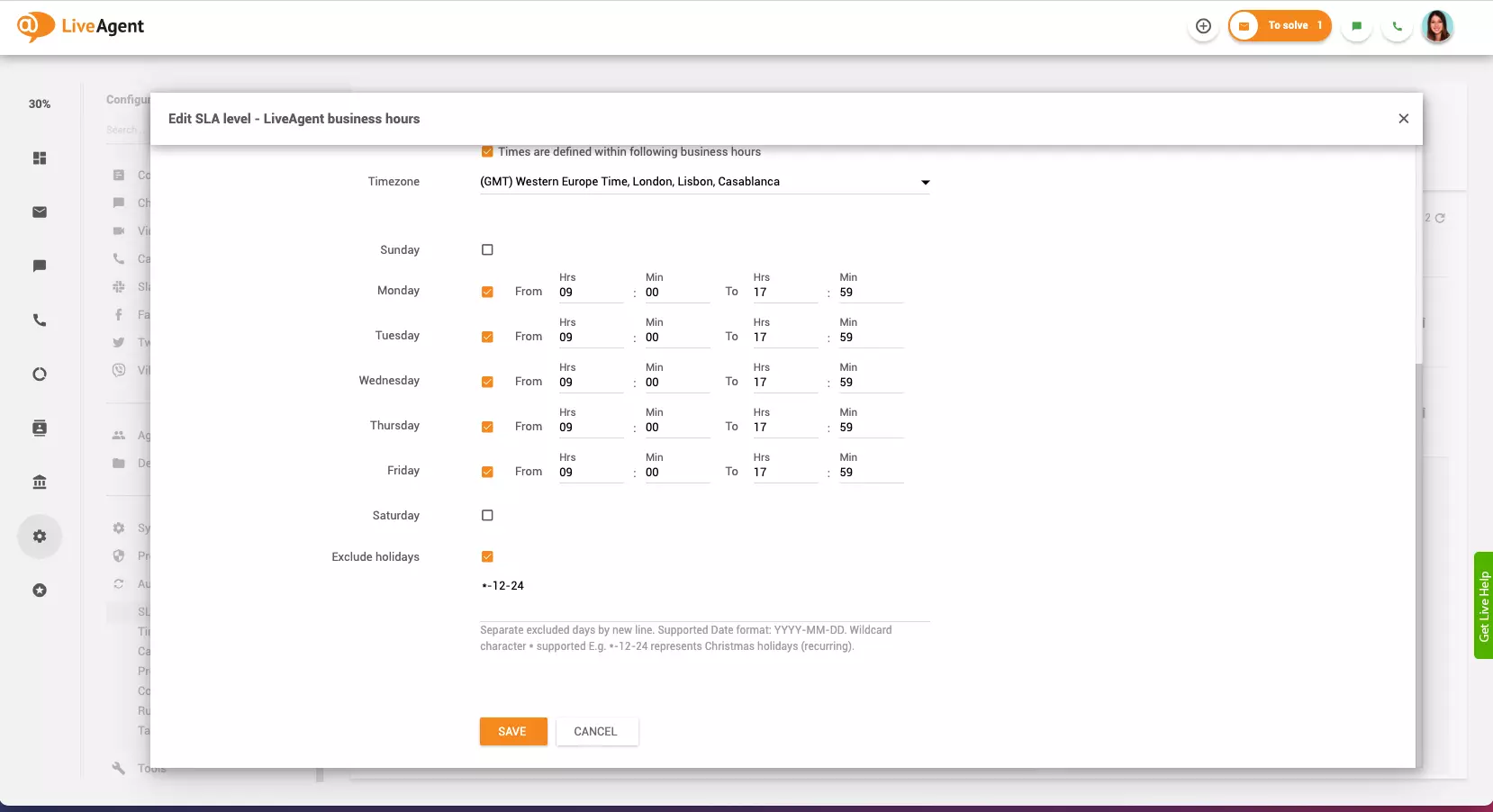 Business hours setting in LiveAgent
