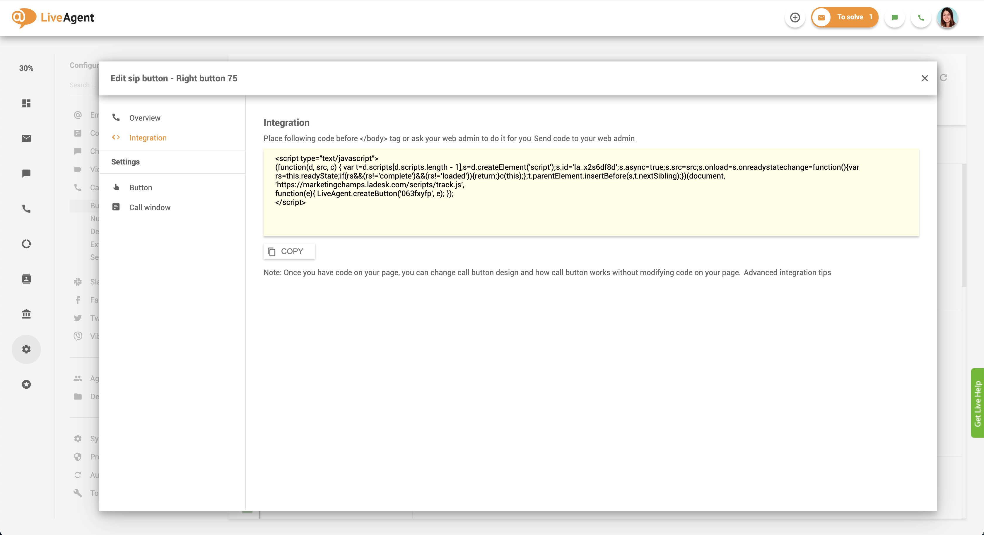 Cod de integrare a butonului de apel