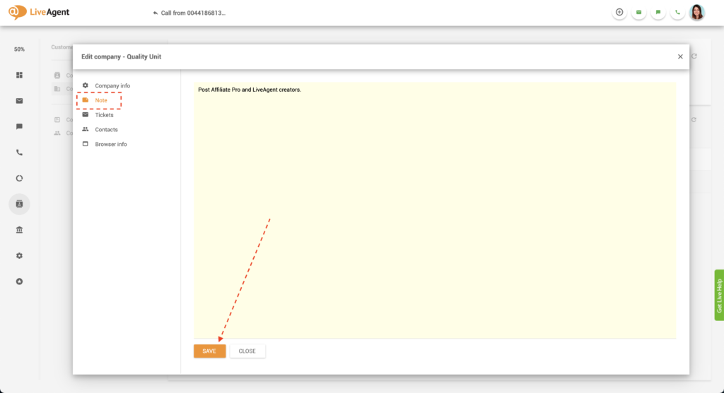 Notă de companie în LiveAgent
