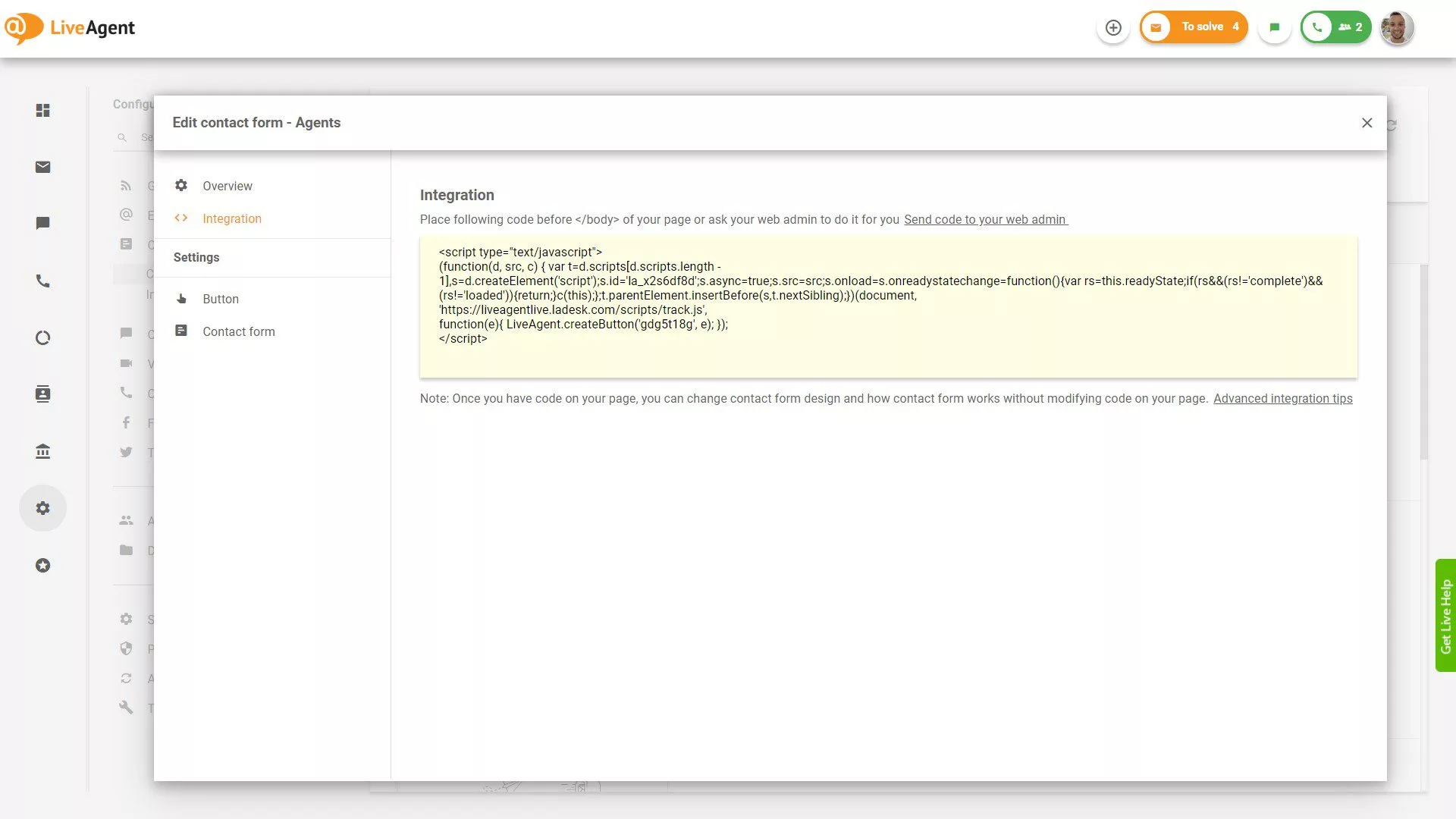 Cod de Integrare Formular de Contact LiveAgent