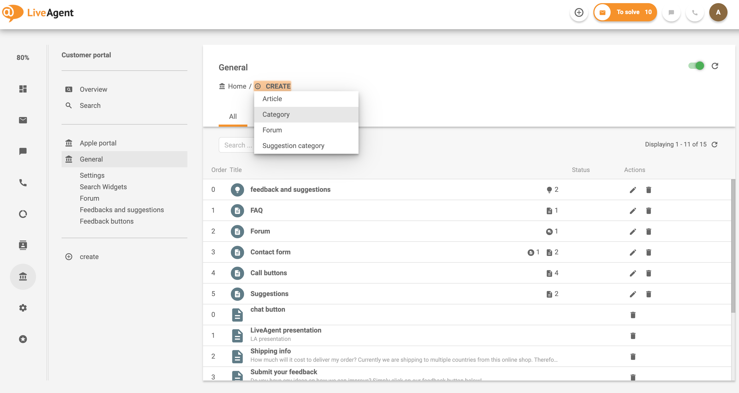 Exemplu de creare a unei categorii pentru portalul clienților în sistemul de bază de cunoștințe LiveAgent