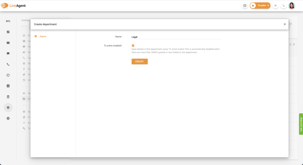 Crearea departamentului în LiveAgent