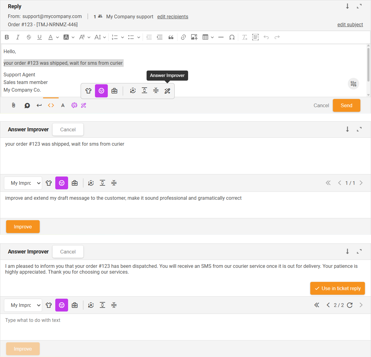 AI Answer Composer redactând un răspuns de help desk