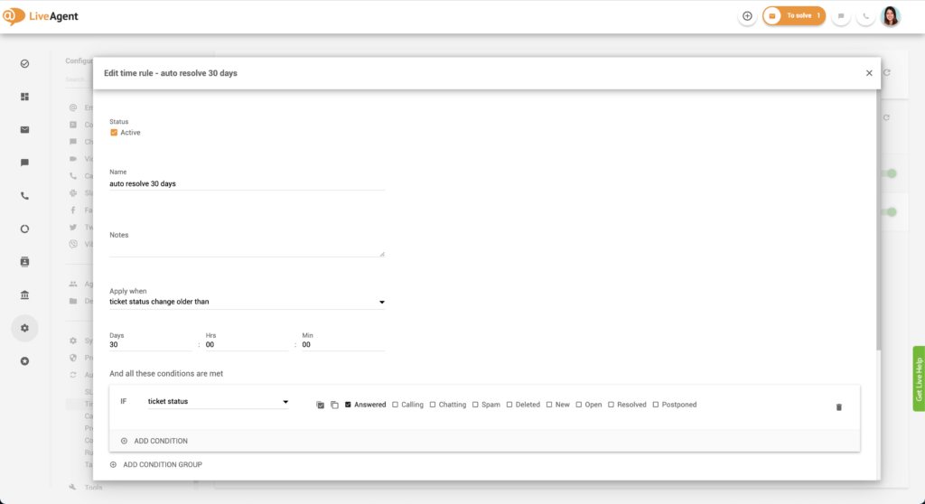 Editare regulă de timp în LiveAgent
