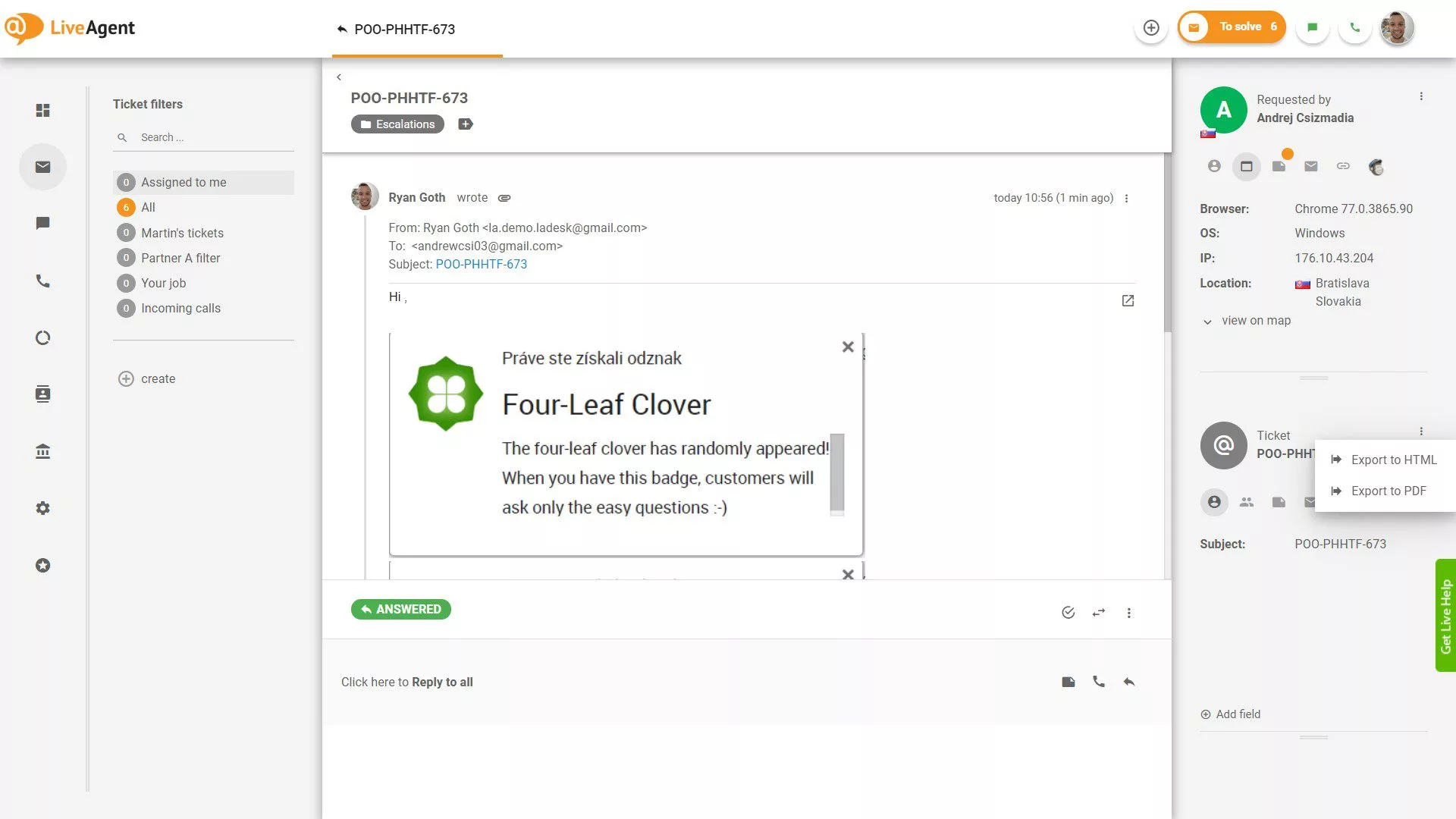 Funcția de export tichet, permite exportul în format HTML și PDF