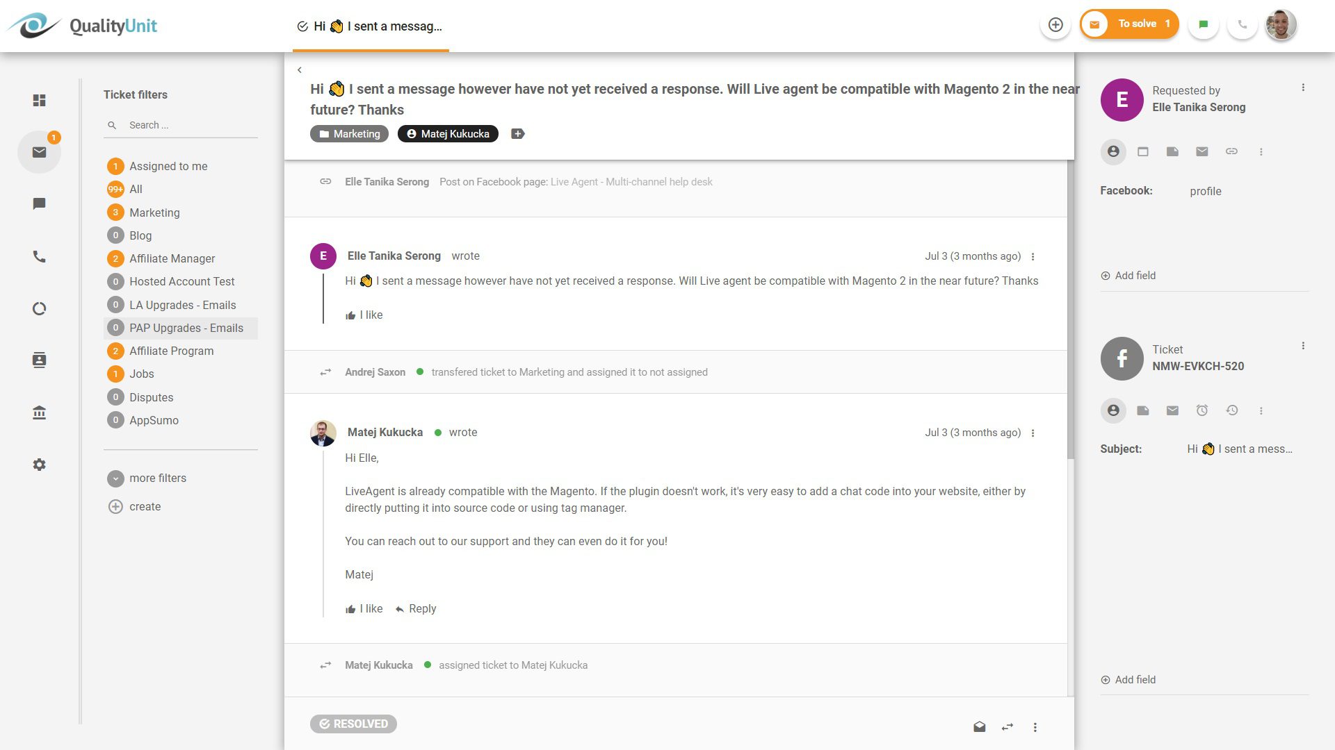 Răspunderea la postările Facebook din LiveAgent