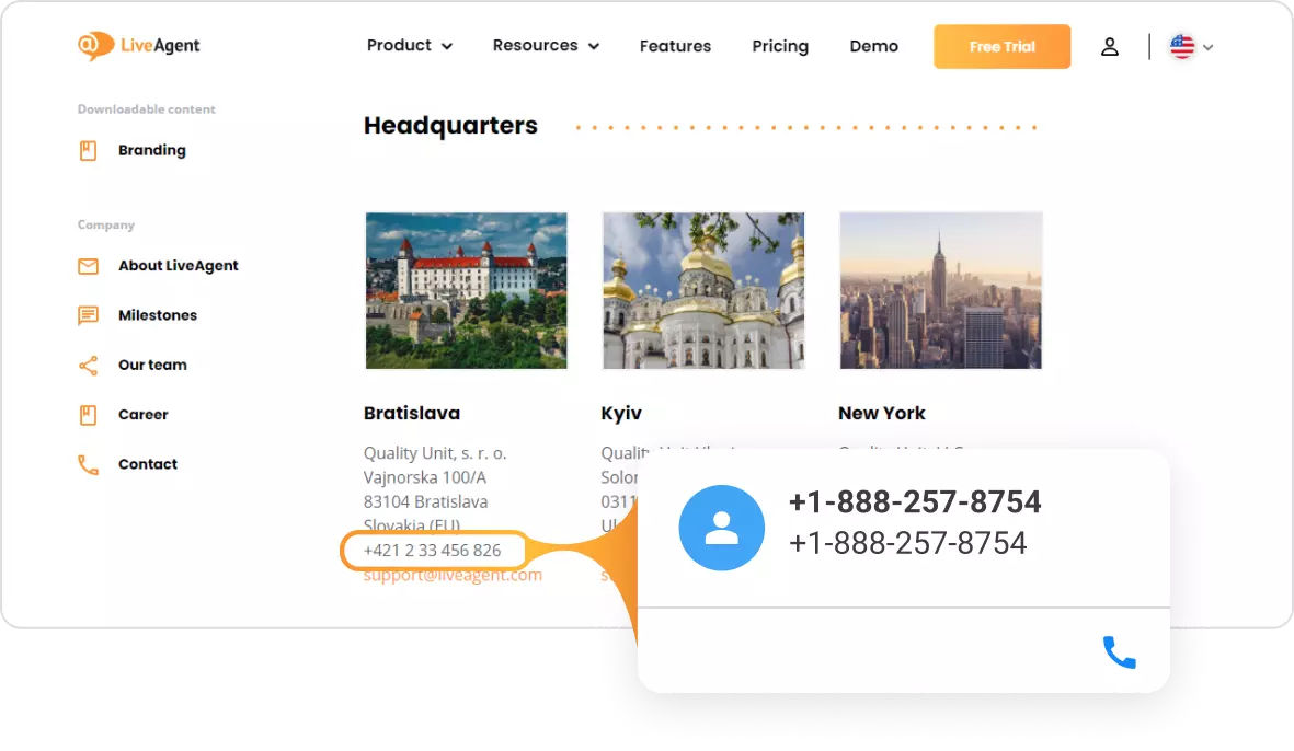 Cardul de contact Click to call al LiveAgent