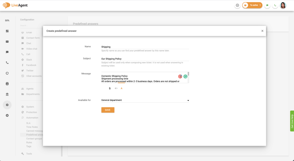 Configurarea răspunsurilor predefinite în LiveAgent