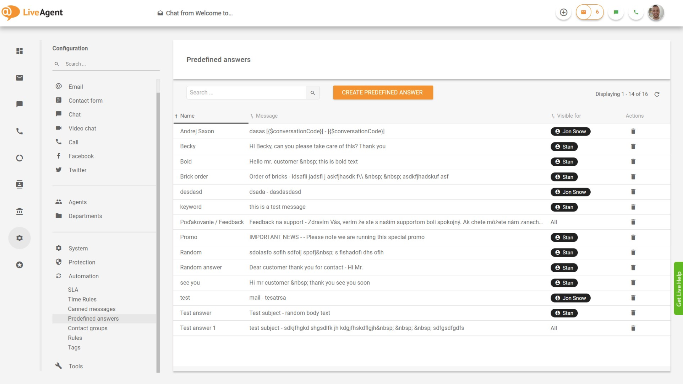 LiveAgent – Prezentare generală răspunsuri predefinite